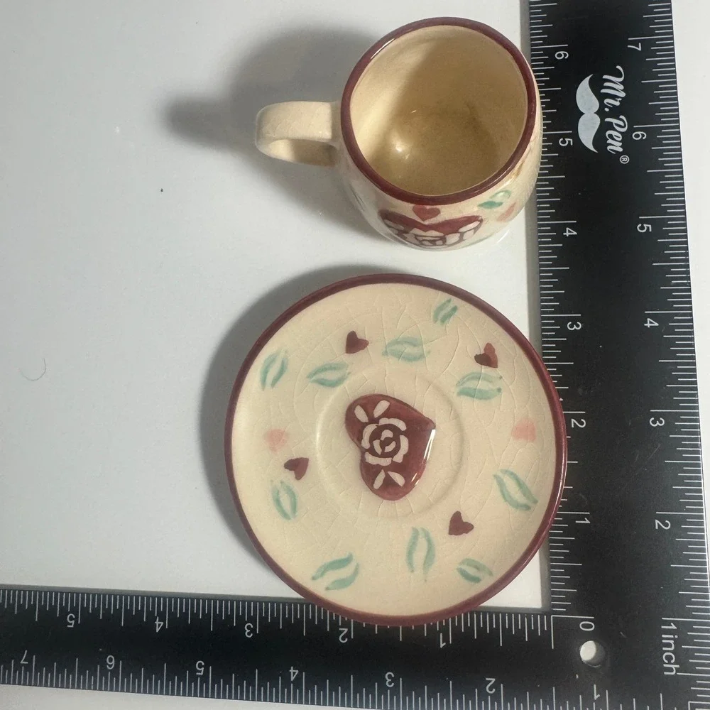 Mini Espresso Cup and Saucer Set Cracked Glaze Heart Rose‎ Design